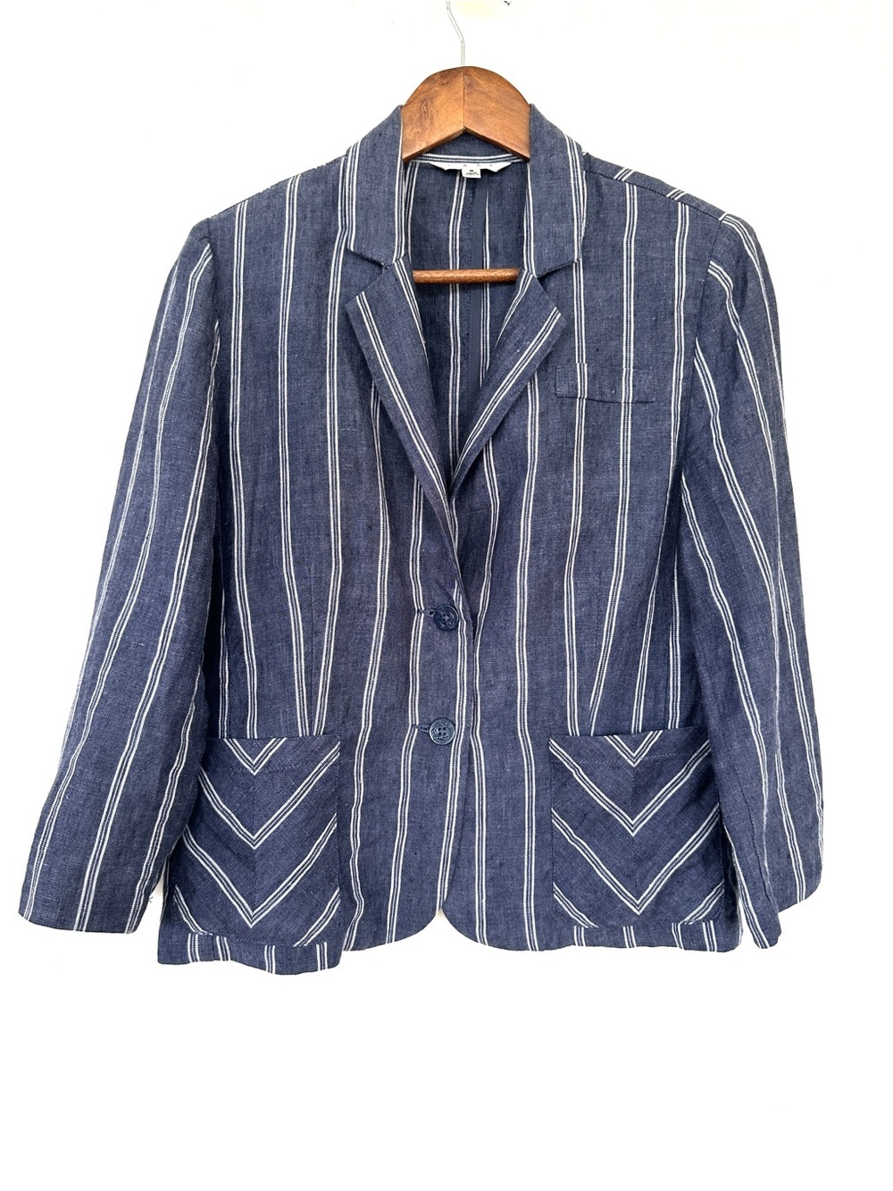 CAbi Striped Navy & White Linen Blazer, Fitted, with 3/4 Length Sleeves